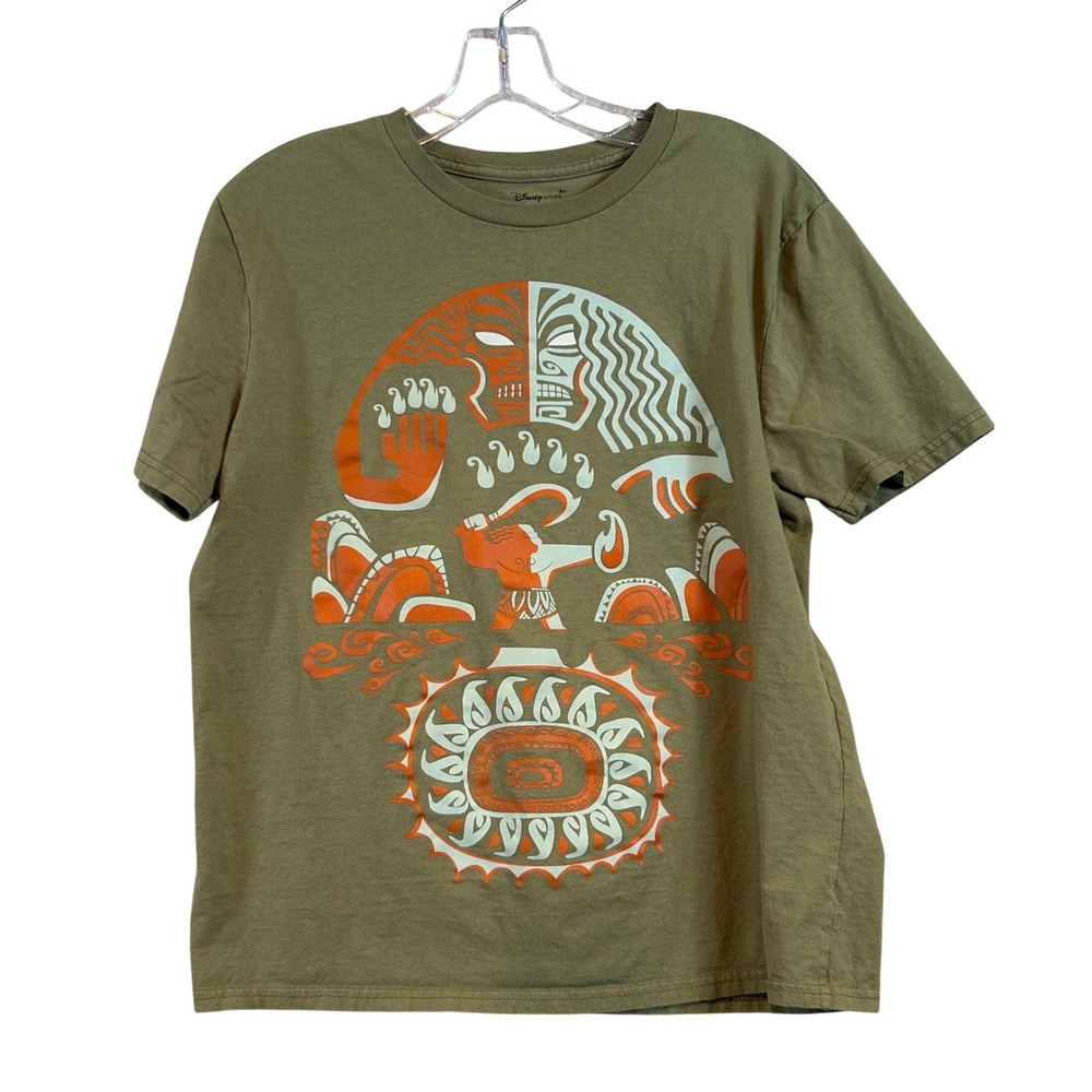 Disney Moana Movie Maui Graphic T-Shirt Olive Green Womens S Cotton Tee Demigod